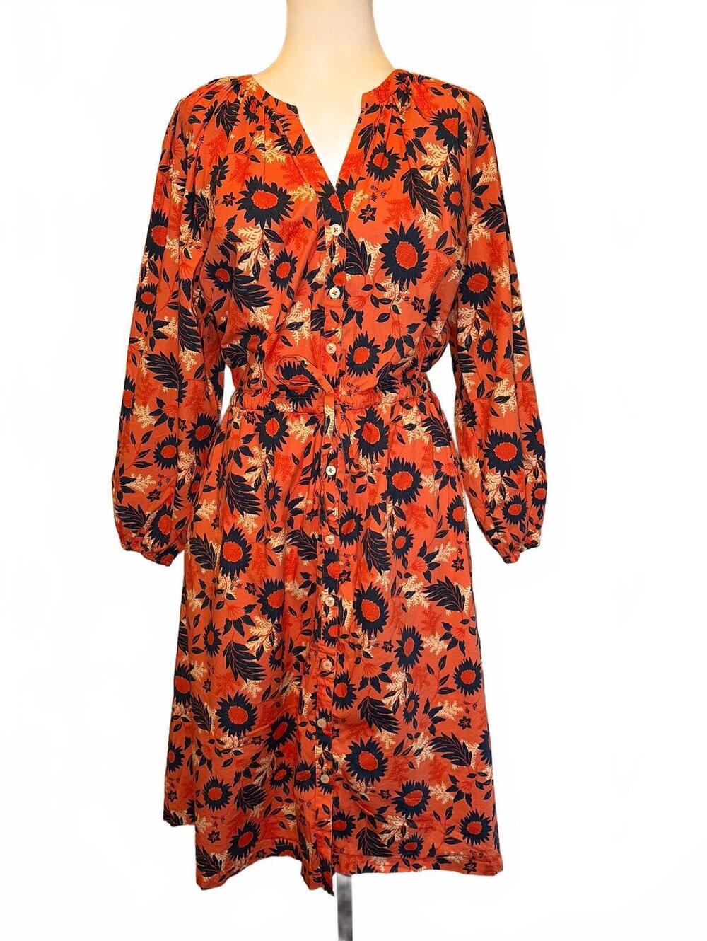 UNTUCKit Farrah L Orange Navy Fall Floral Teachercore Midi Long Sleeve Dress